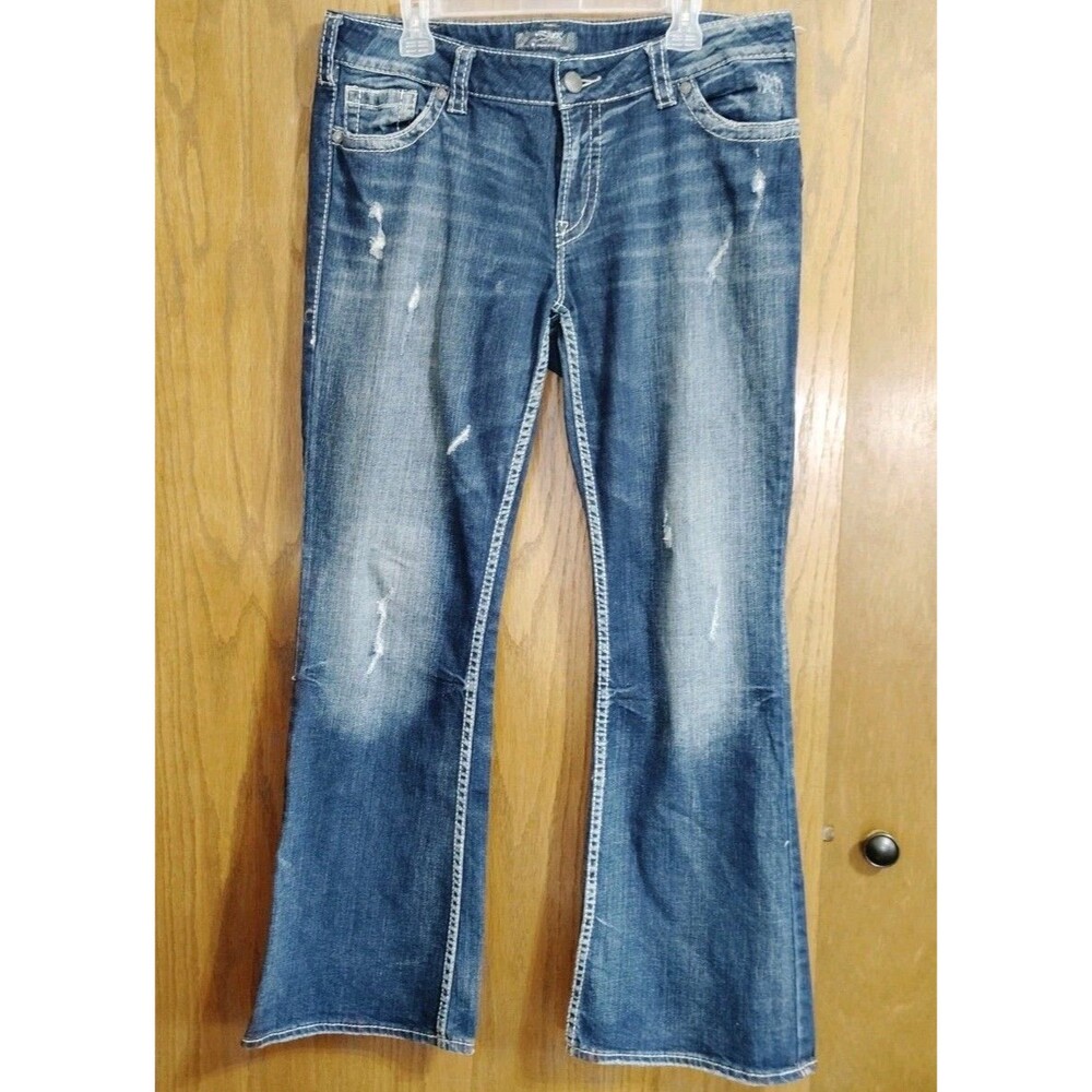 Silver Suki Surplus Women's 36x32 Jeans Distressed Denim Blue Bootcut